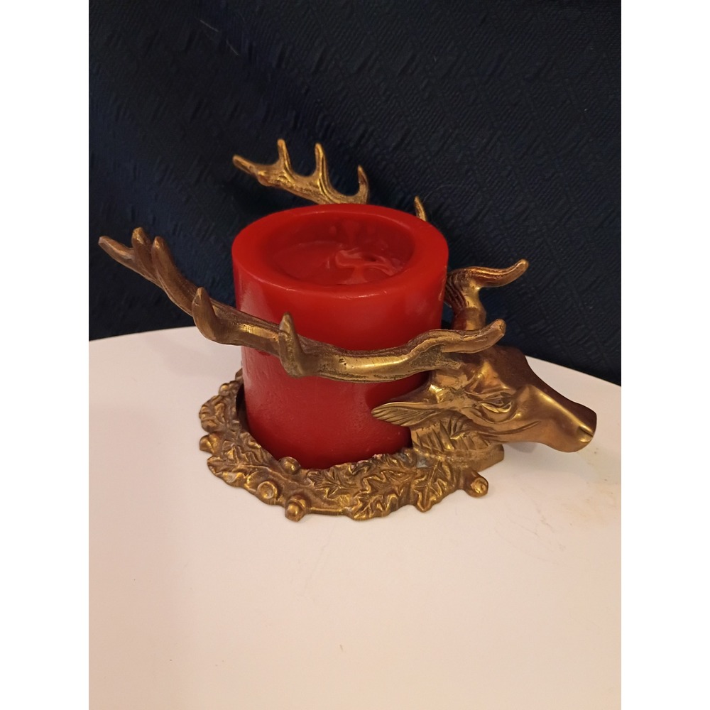Vintage Brass Deer Head Pillar Candle Holder Stag Antler Rustic Cabin Decor Gold
